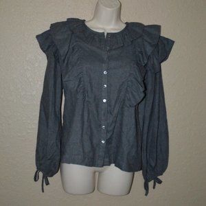 $198 Sz S Antik Batik Gray Lova Ruffle Long Sleeve Blouse